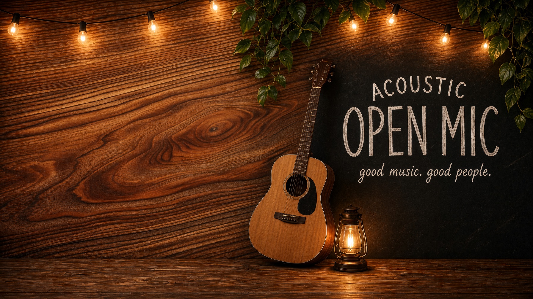 Acoustic open mic banner with a guitar, warm string lights, and a chalkboard reading good music, good people